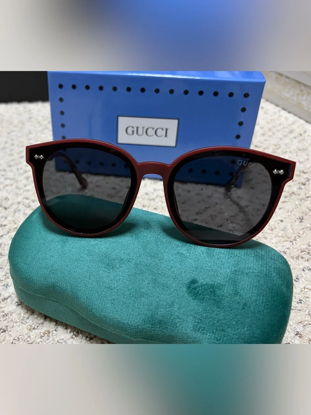 Red Round Acetate Sunglasses with Dark Lenses, new with box
